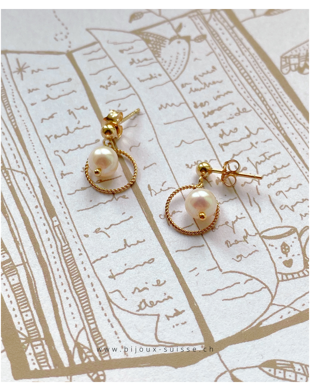 Puces d'oreilles en gold-filled jaune, perles dans anneau sur illustration by LetmeflyNatasha